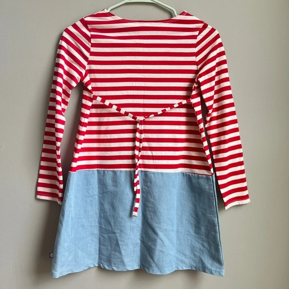 Dollie & Me Red Stripe/Blue Denim Reindeer Pattern Holiday Dress Girls size 12